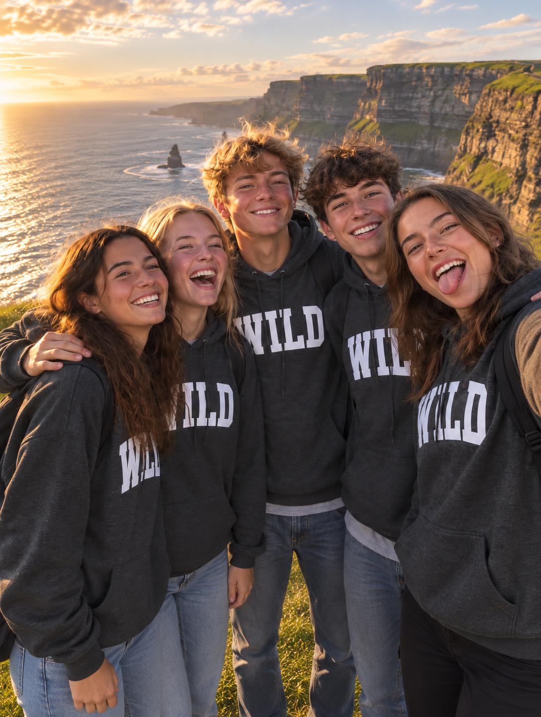 Students in WILD hoodies taking a selfie together at the Cliffs of Moher.