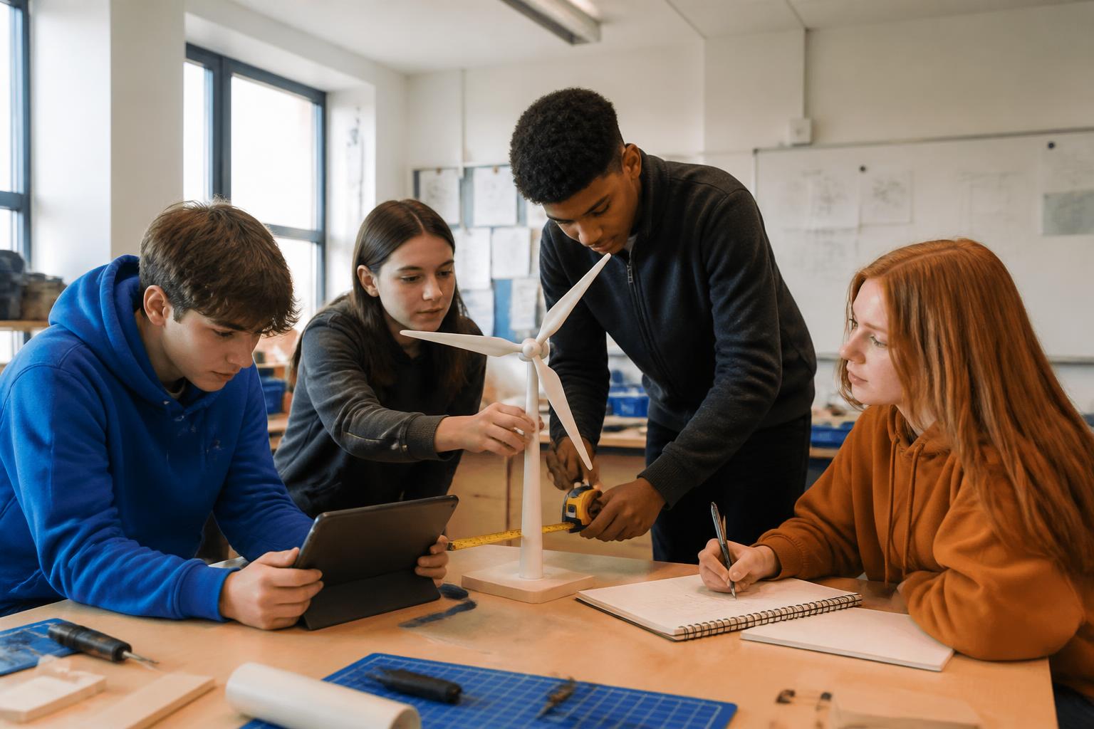 Quattro adolescenti che collaborano a un modellino di turbina eolica in un'aula luminosa