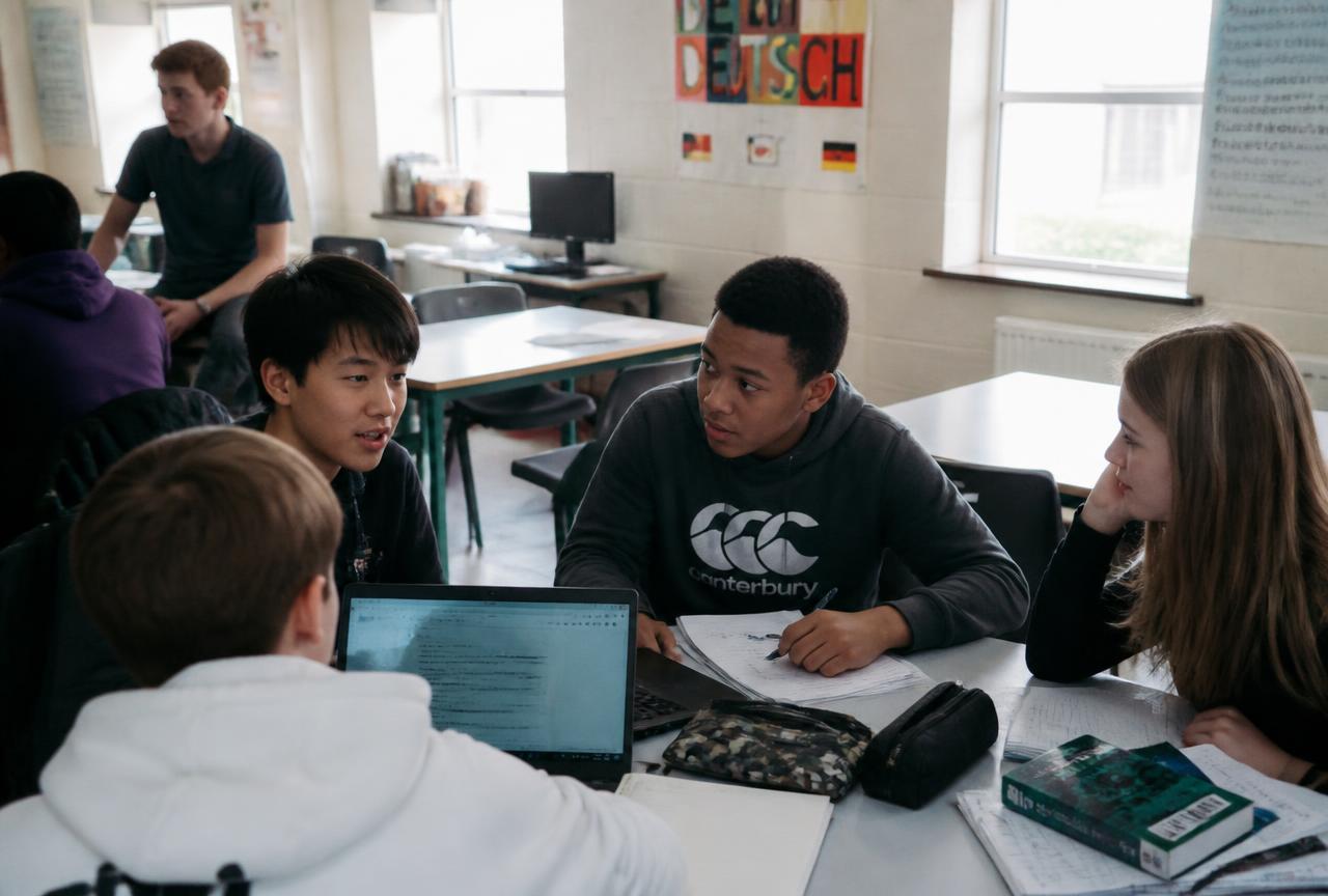International teenage students working together in a bright classroom