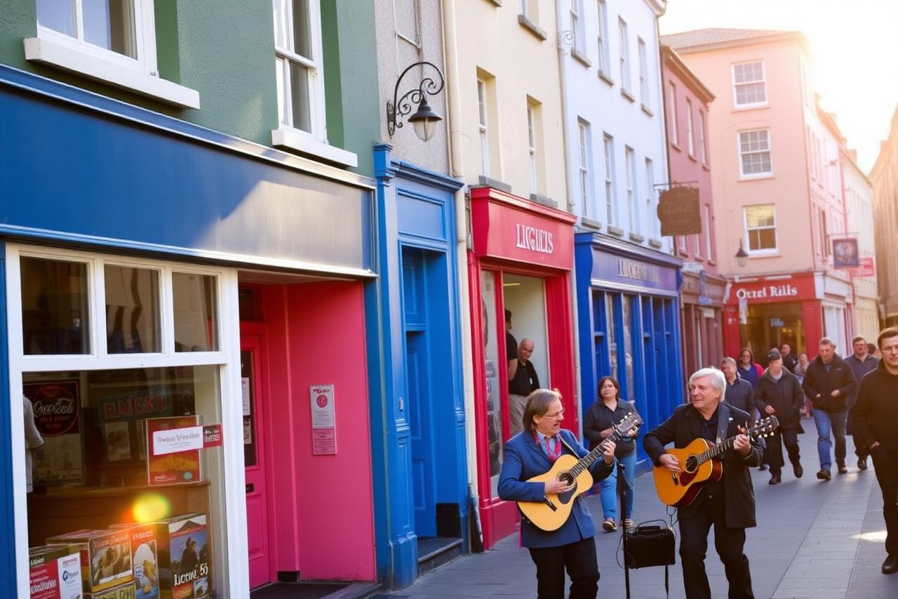 Street musicians on a colourful Galway street