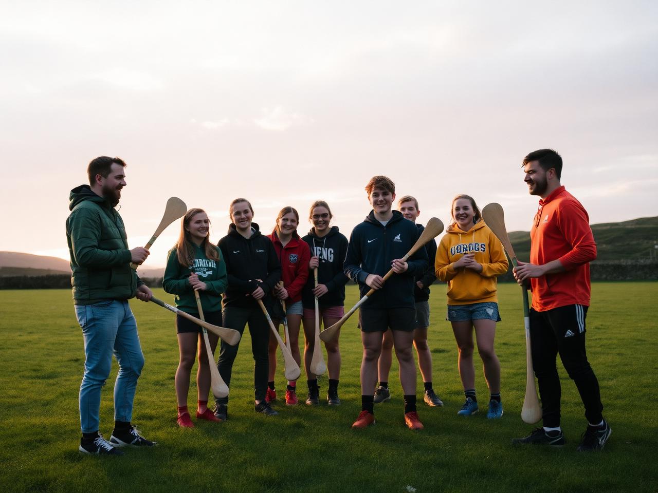 Studenti che imparano l'hurling con gli istruttori al tramonto
