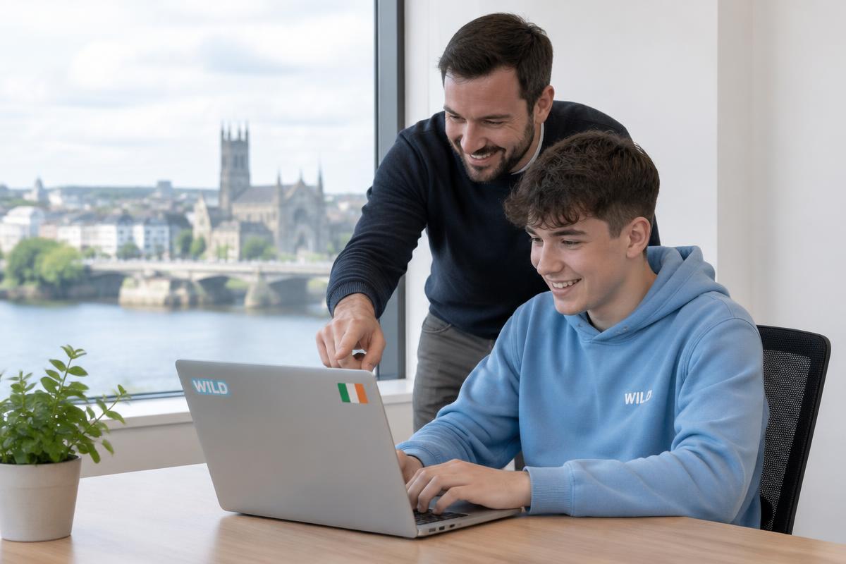 A teenager wearing WILD branded apparel on a supervised work placement with an Irish company